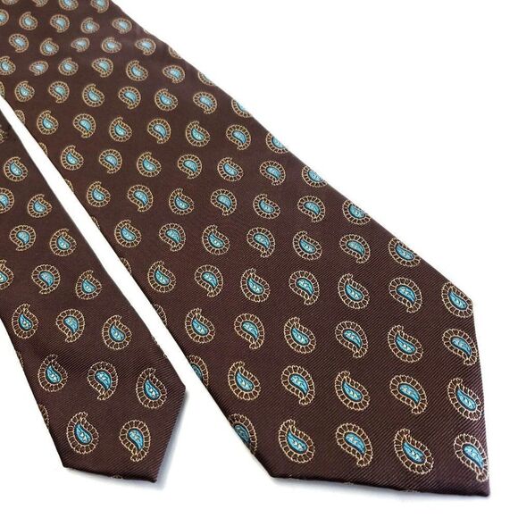 Paul‎ Fredrick Brown Paisley Geometric Silk Tie Long - Picture 1 of 6